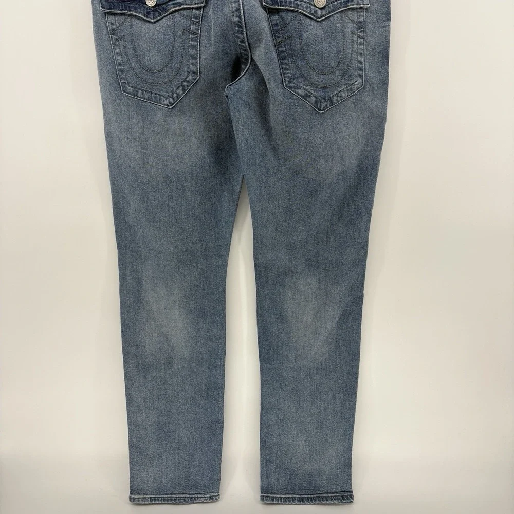 New True Religion Geno Relaxed Slim Jeans Men 36X34 Distressed Big T Flap Pocket